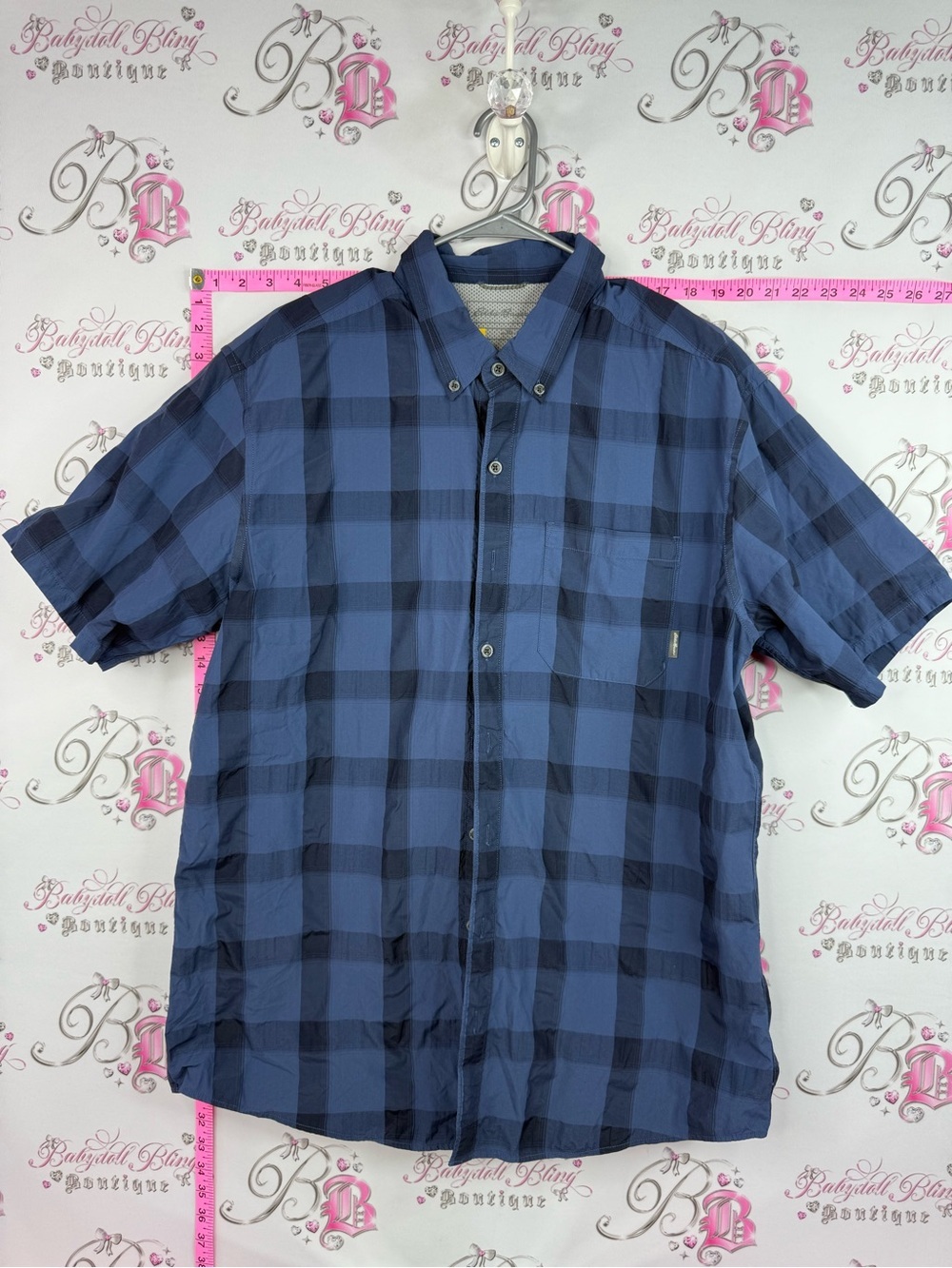 Eddie Bauer Blue and Navy Plaid Short Sleeve Button-Down Shirt